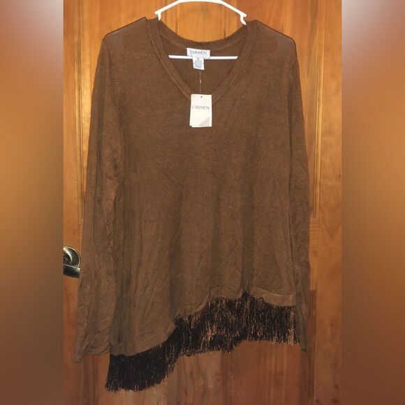 Carmen Marc Valvo Brown V-Neck western style fringe Sweater size XL NWT - Picture 1 of 1